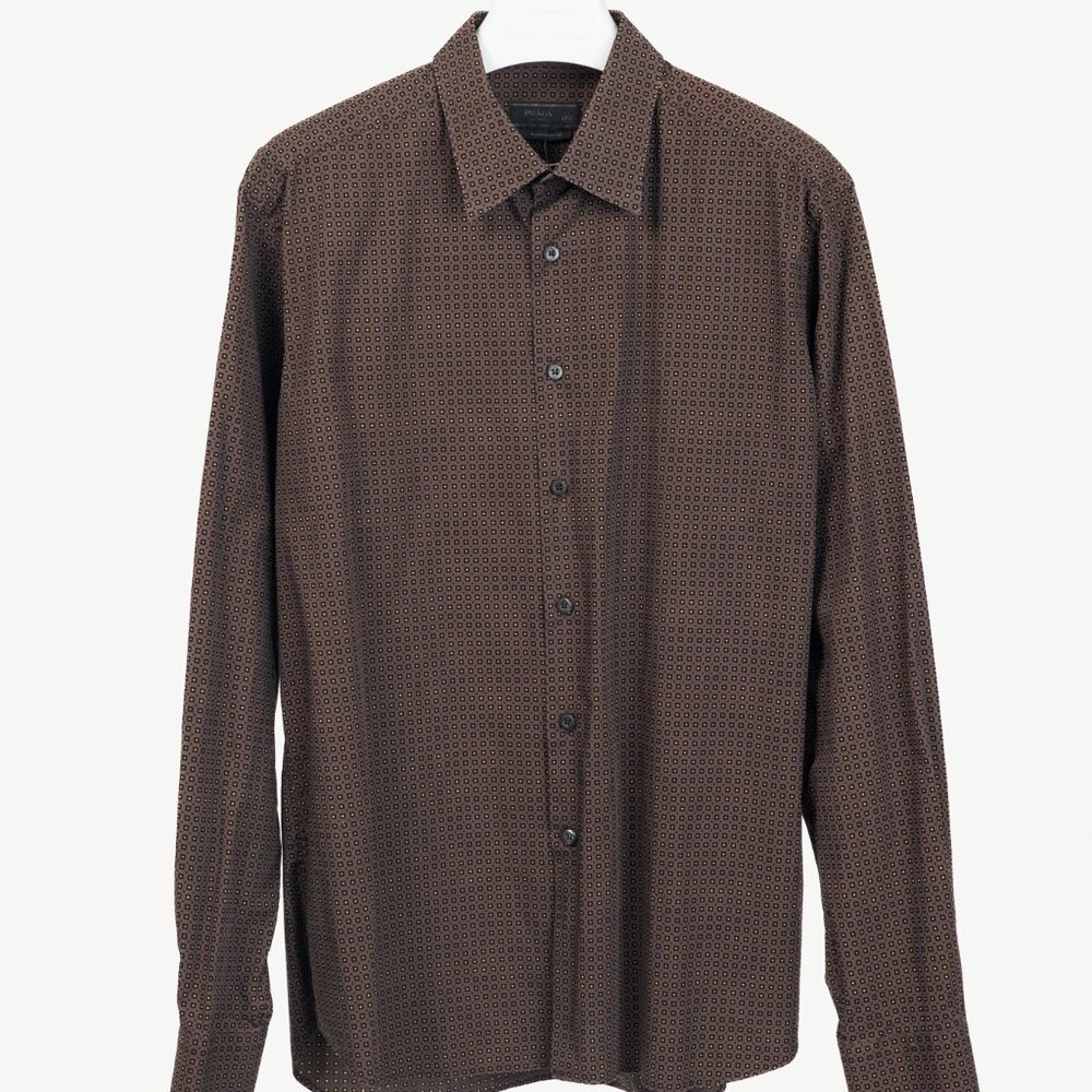 Prada Purple Dotted-Square-Print Cotton-Poplin Buttoned Shirt